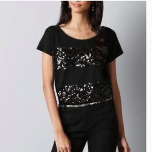 LOFT Black Striped Sequin Top Size, Large